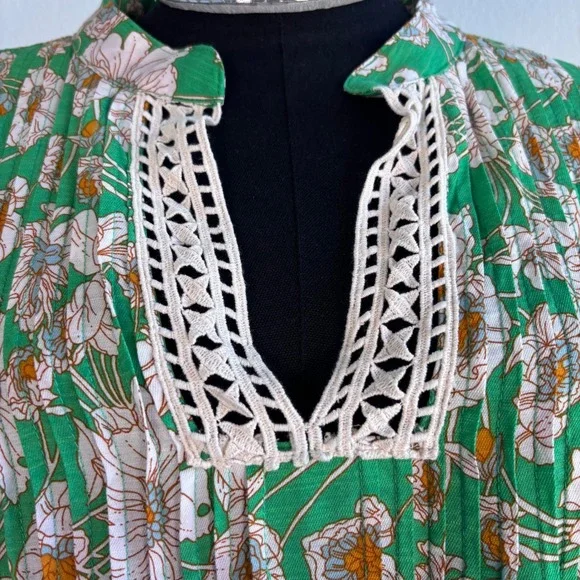 SHE + SKY Green Floral Split Neck Swing Dress 2XL Crochet trim dopamine dressing - Picture 11 of 16
